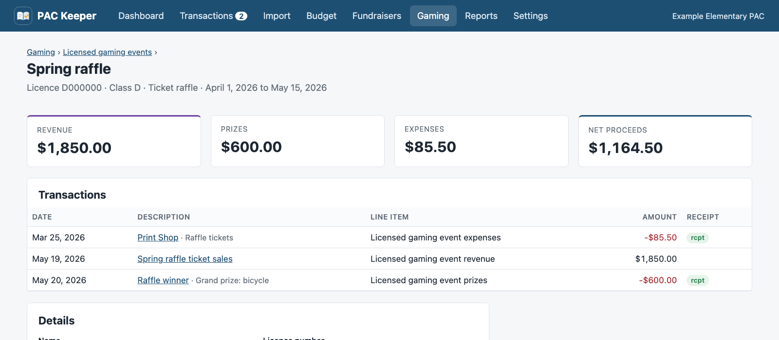 A licensed ticket raffle: revenue, prizes, expenses, and net proceeds, with its three transactions.