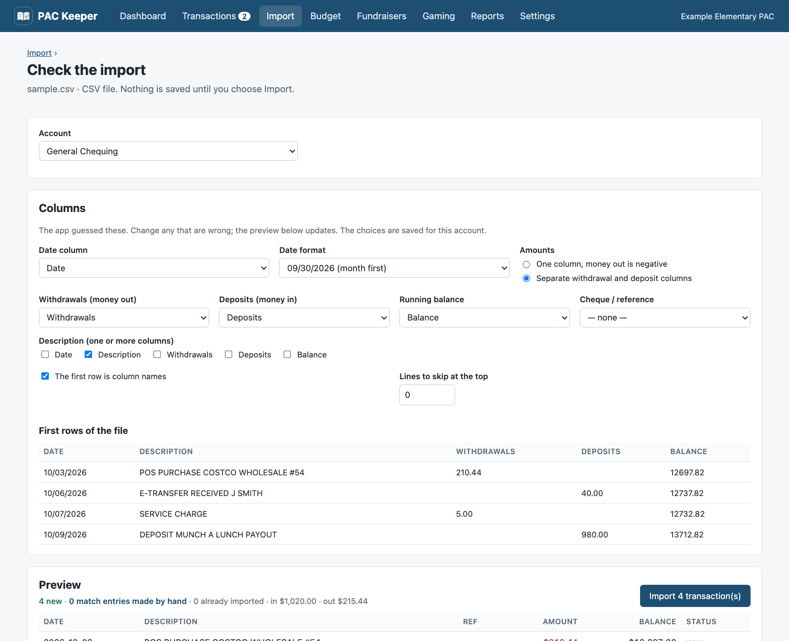 The import preview for a CSV file, with the date, withdrawal, deposit, and balance columns chosen, and the first rows of the file.